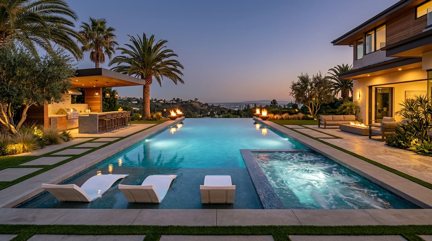 Architectural lap pool, Baja shelf and synthetic lawn in Bel Air estate