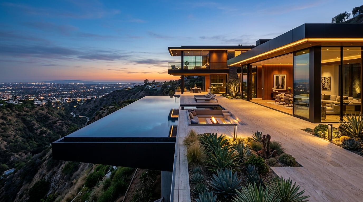 Architectural modern mansion and infinity pool in Hollywood Hills