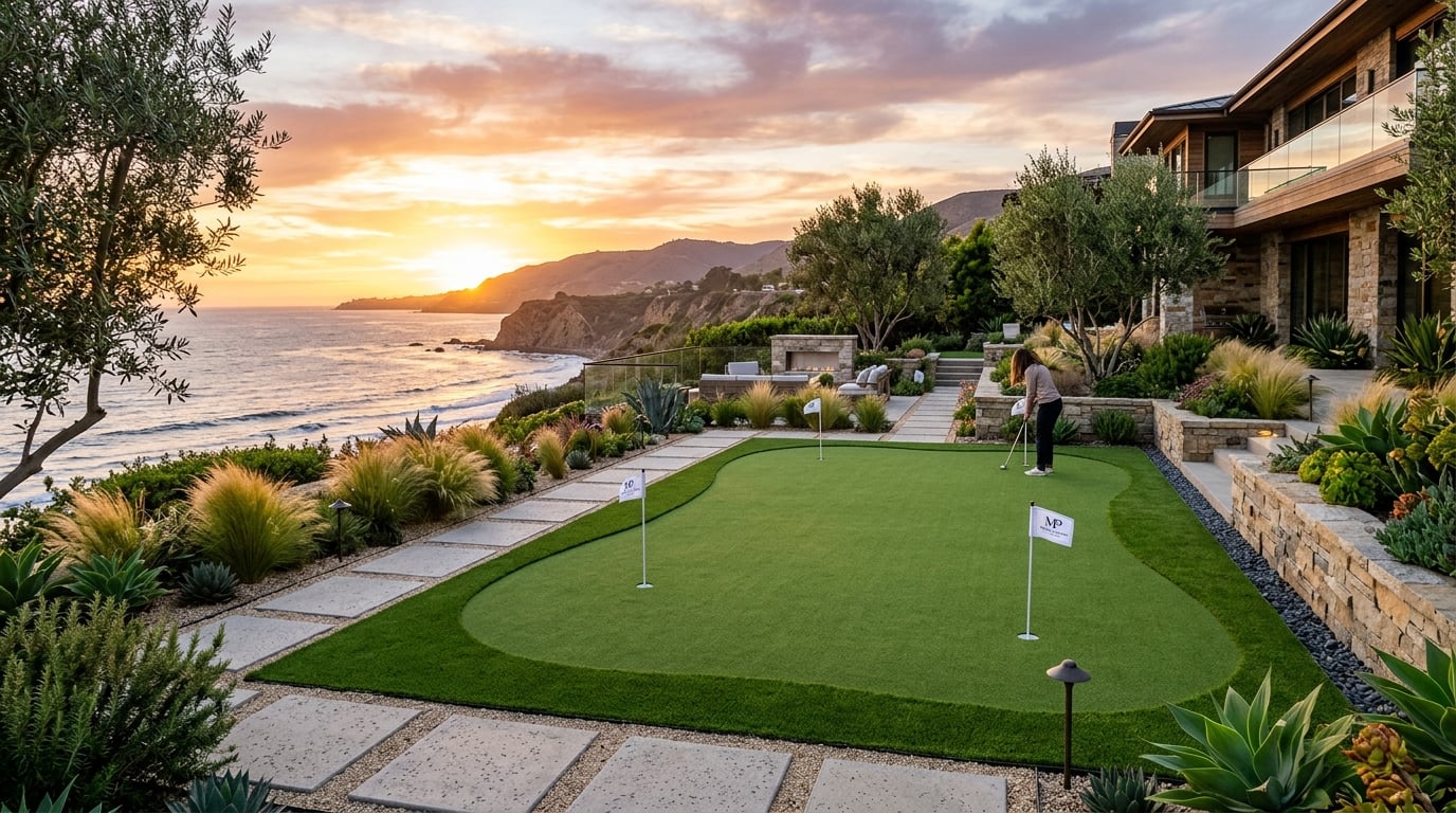 Malibu coastal custom putting green overlooking the Pacific with architectural stone steps and native landscaping